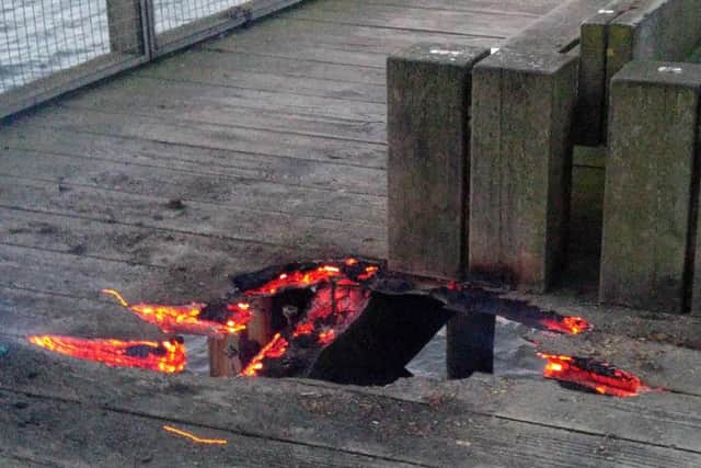 Fire at Amble Pier on New Year's Day. Picture by Jane Coltman