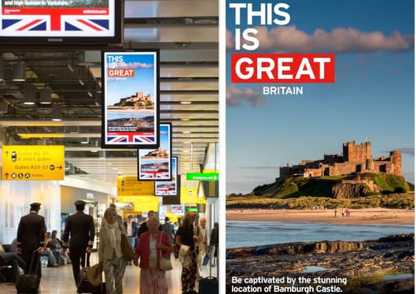 Left, the promotional images of Bamburgh Castle on the screens in Heathrow and, right, the image up close.