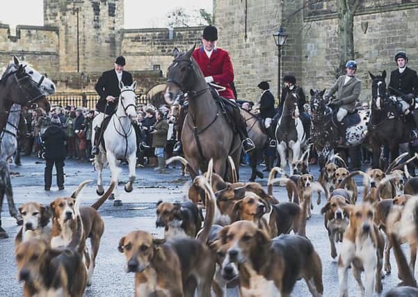 Huntsman Robert McCarthy leads the hunt away at the Percy Hunt New Year Meet on Bank Holiday Monday at Alnwick Castle. Picture by Laine Baker