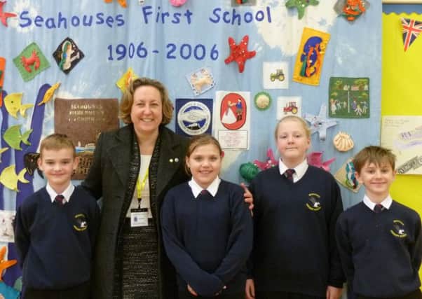 Anne-Marie Trevelyan MP with the head boys and girls at Seahouses Primary School.