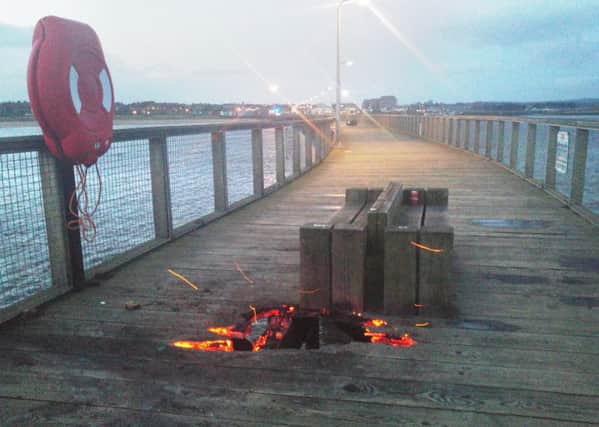 Fire at Amble Pier on New Year's Day 2017.
 Picture by Jane Coltman