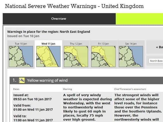 The weather warning issued by the Met Office this morning.