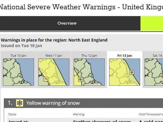 Updated Met Office warning of snow on Friday.