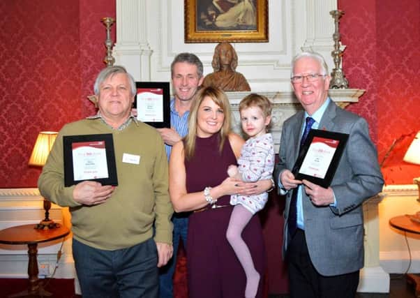 From left: Dedicated donors Don Ratcliffe, Stuart Brown and Ian Knox are pictured with Claire Smith and her daughter Farah. Farah received 33 blood and platelet transfusions during her treatment for a brain tumour.