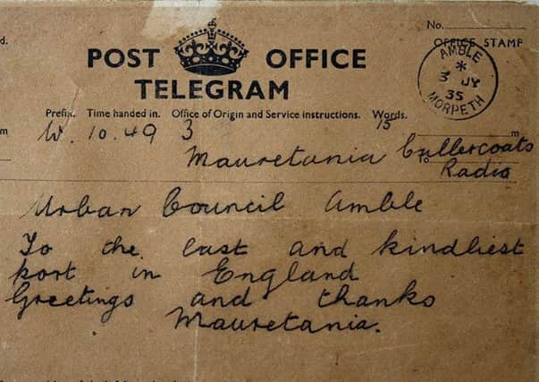 The telegram from the RMS Mauretania, describing Amble as The Kindliest Port. Image courtesy of Aline Wood.