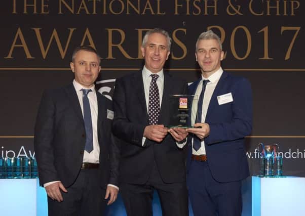 Left to right:- Kevin Henderson, sponsor Andrew Marriott and Simon Walsh of Longsands Fish Kitchen. Picture by Ashley Bingham/A&M Photography.