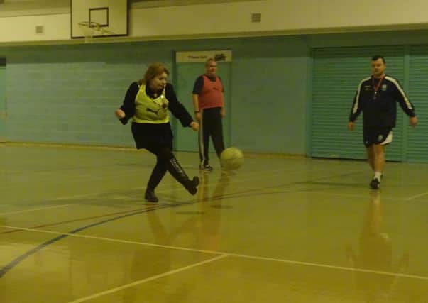 Mayor of Amble Jane Dargue playing walking football.
Picture Martin Horn
