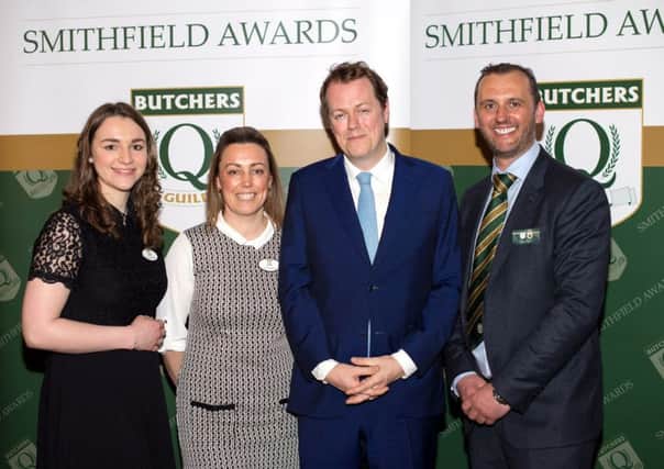 Mark Turnbull, right, at the 2017 Q Guild Smithfield Awards, with food critic Tom Parker Bowles, Emily Dodds, left, and retail supervisor Emma Havelin.