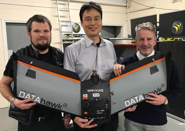Ruairi Hardman, general manager at QuestUAV, Toru Tokushige, founder and CEO of Terra Drones and Nigel King, managing director at QuestUAV.