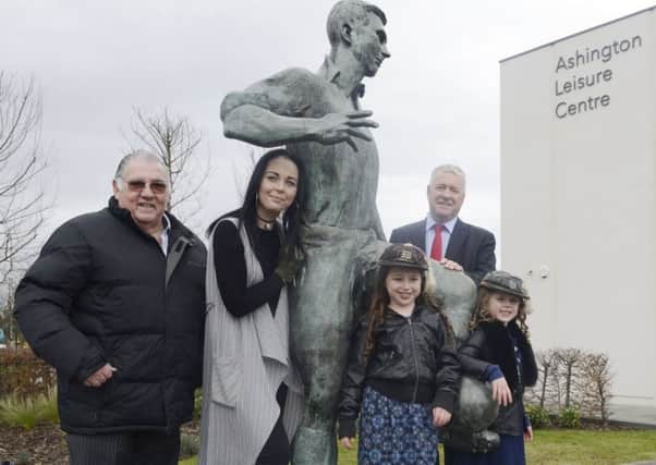 Jackie Milburn's grandaughter Laura Reed and her children Antonia and Keira with Coun Dave Ledger and MP Ian Lavery at the unveiling of the statue.
 Picture by Jane Coltman