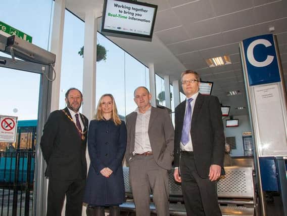 The unveiling of the new signs at Morpeth bus station.
