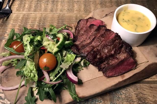 In-house oak-smoked 10oz flat iron steak, with a rustic salad, at the Northumberland Arms, Felton.