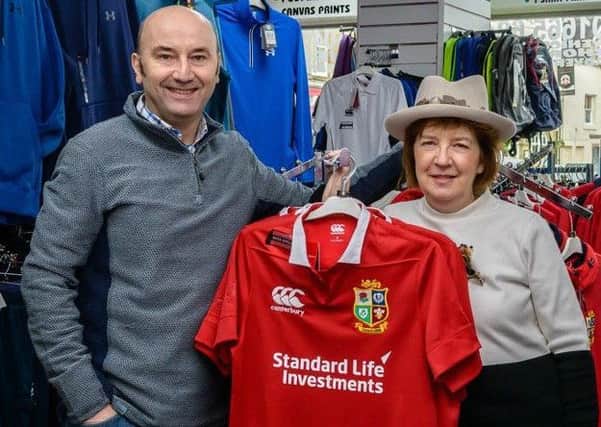 Margaret Woodliff Wright and Andrew Hodgson with the British Lions rugby shirt. Picture by SueTodd Photography
