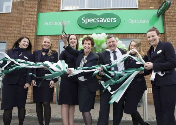 Gemma Forbes, optical assistant; Caitlin Hall, optical assistant; Ruth Moore, director Specsavers; Mayor Norma Redfearn; Gerard Crulley, director Specsavers; Loren Stevenson, optical consultant; Emma Scott, laboratory technician at the opening of the new Specsavers in Killingworth.