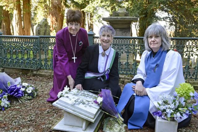 The Right Reverend Christine Hardman, Bishop of Newcastle, event organiser Penni Blythe and Reader Vivienne Sommerville during the service at St Mary's Church in Morpeth organised by Emily Inspires! and Northumberland County Council - tributes were laid at the grave of Suffragette Emily Wilding Davison on International Women's Day.  Picture by Jane Coltman.
