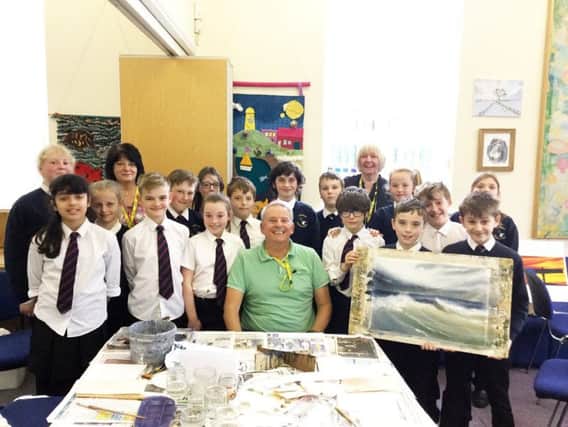 Seahouses Primary School were so privileged to have local artist Mick Oxley join our art club on Friday, March 17.  Each week, Elaine Godber and Heather Nicholson teach our children art and all of them have really enjoyed this experience.  We now have a magnificent art gallery throughout our school.