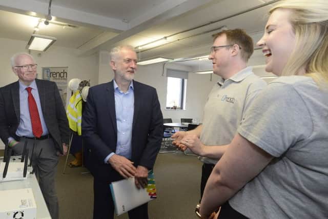 MP Ronnie Campbell and  Labour leader Jeremy Corbyn with  Claire Hollyman and Kevin Latimer from Trench Networks Ltd in Blyth. Picture by Jane Coltman