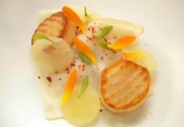 Lorna's Orkney scallops with crab served with apple dashi, a Japanese broth.