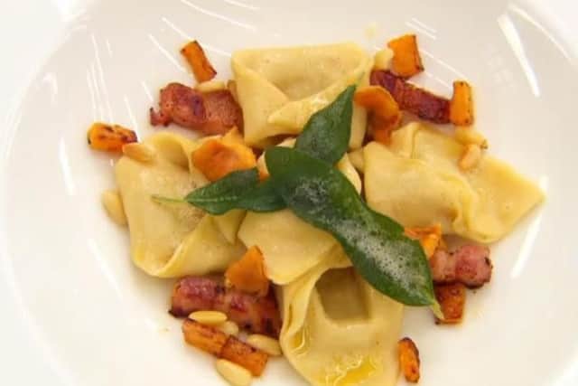 Lorna's butternut squash and sage tortellini, with roasted squash, bacon, pine nuts, pickled girolles, crispy sage and a pumpkin veloute.