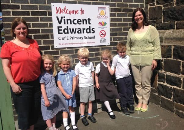 Nicola Threlfall and Ann Popay, with some of the nursery children joining the school in September.