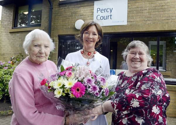 The Duchess of Northumberland with residents Kitty Dixon and Lilly Cox at opening of the refurbished  Percy Court in Alnwick.
 Picture by Jane Coltman