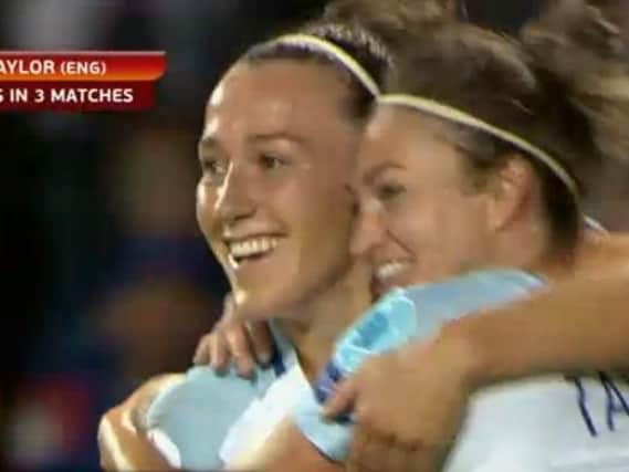 Lucy Bronze celebrates Jodie Taylor's goal with her. Pic: Channel 4