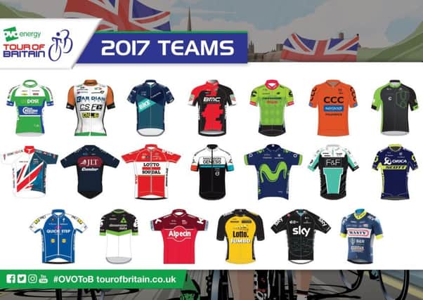 A graphic of the 20 team jerseys for the OVO Energy Tour of Britain.