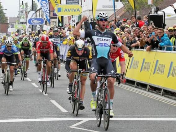 The stage winner crosses the line at B;yth on the 2015 Tour of Britain