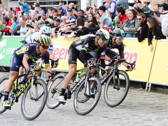 Caleb Ewan, left, on his way to the stage victory in Kelso. Picture: SW Pix.