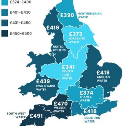 A map showing the average water bill in England and Wales.