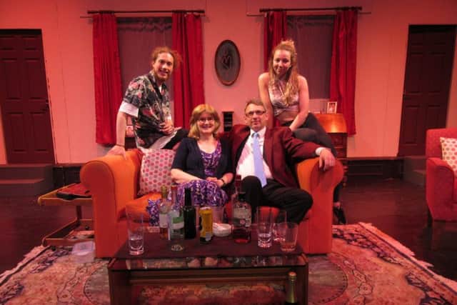 Harry Brierley as Tony, Carol Lawrence as Edie, Oliver Pusey as Don, Molly Reading as Ruth in Alnwick Theatre Club's Kiss Me Like You Mean It