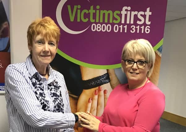 Victims' Commissioner Baroness Newlove congratulating Dame Vera Baird on the successful funding bid to tackle domestic abuse across the North East.