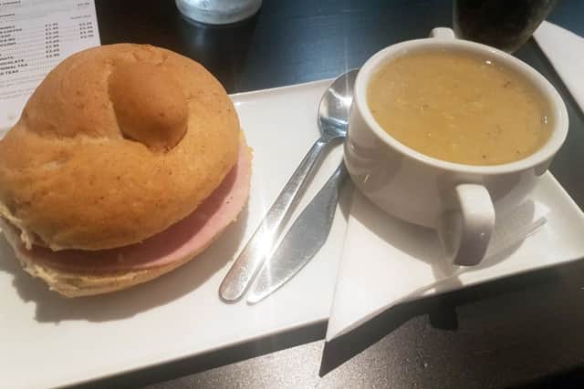 Eating Out at Cafe Vault - ham and pease pudding sandwich with lentil and bacon soup.