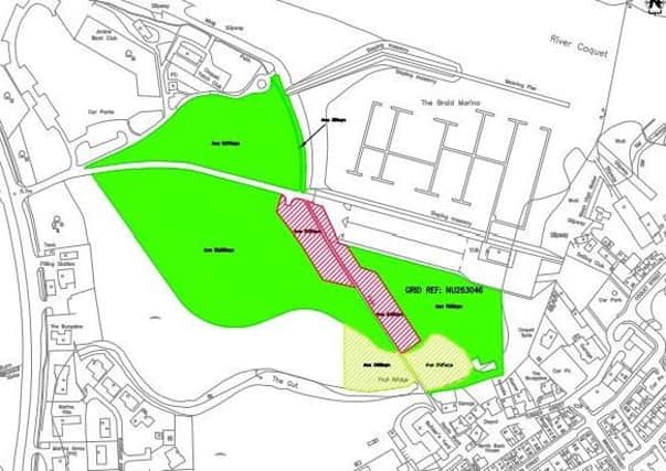 Map of proposals - village green (green); proposed de-registered land (red); land to become village green (yelllow).