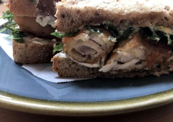 The chunky posh fish finger sandwich at Carnaby's cafe, off the A1 at Brownieside.