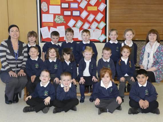 Reception class pupils at Red Row First School, with Yasemin Mills and Alison Tordoff. Picture by Jane Coltman