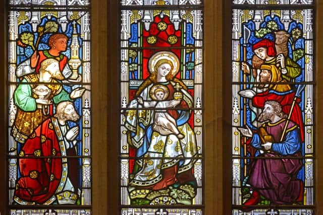 Nativity scene seen in a stained glass window in St Lawrence's Church in Warkworth. Picture by Jane Coltman