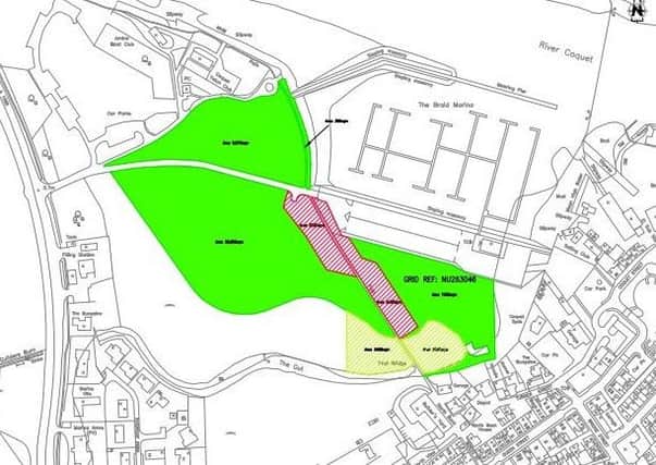 A map of the propsals which have now been dropped - village green (green); proposed deregistered land (red); land to become village green (yellow).