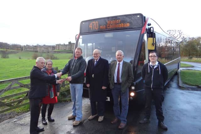 Peter Cowell (owner PCL Travel), Kirsten Francis (NCC), Alan Ingleton, Cllr Anthony Murray (Wooler Councillor and Civic Head), Cllr Glen Sanderson (County Councillor and Portfolio Holder for Environment and Local Services), and Alex Kerr (Driver 470 service Wooler to Alnwick)