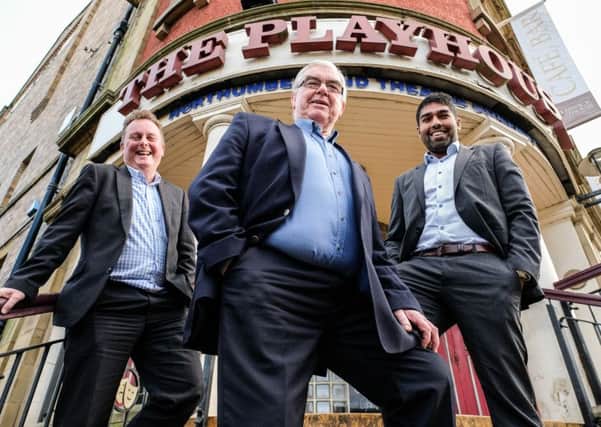 Bryan Ellis, of Northumberland Theatre Company (centre), with Peter Millican (left) and Ricky Handa, of Peter Millican Law, on the steps of the Alnwick Playhouse. Picture by Keith Taylor