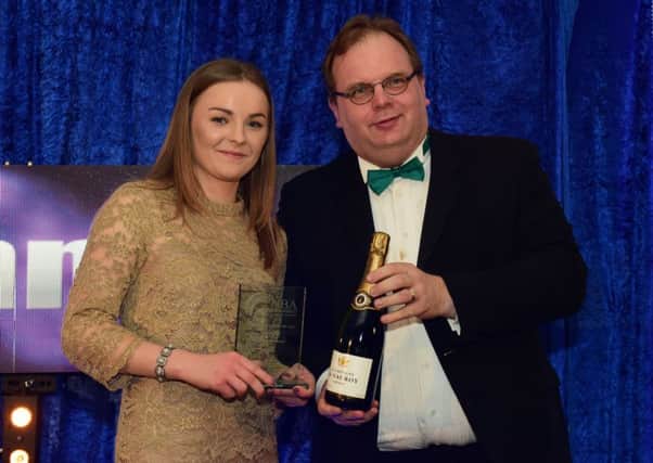 Northumberland Business Awards at Linden Hall - Apprentice/Trainee of the Yar award winner Charlotte Jackson of George F. White of Alnwick, presented by Marcus Clinton Principal/CEO Northumberland College