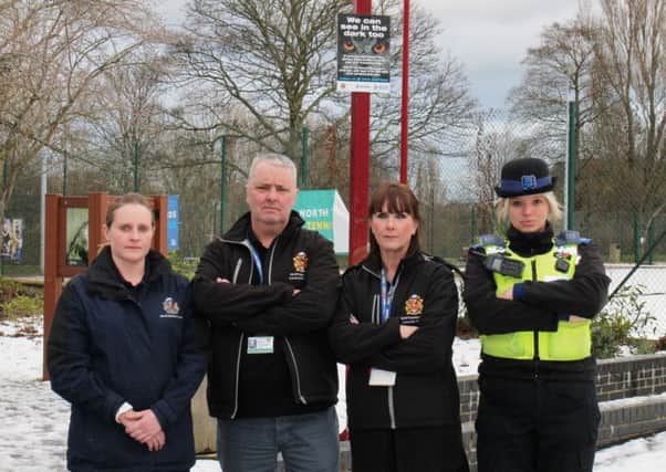 Pictured in front of one of the new warning posters at Richardson Dees Park are, from left, team leader (parks) Nicola Grogan, community and public spaces protection officers Stephen Clarke and Dawn France and PCSO Jennifer Charlton.
