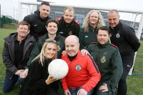 Derek Bell, Paul Geddes, Kerri Corbett, Jack Beattie, Kevin Cook, Nicola Ballantyne, Alex Robbins and Stu Proctor with Simon Brown, wearing red.