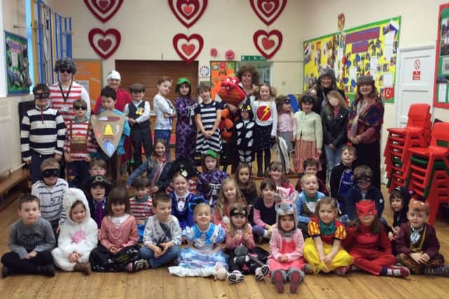 Thropton Village First School children and staff celebrating a delayed World Book Day with the theme of David Walliams characters.