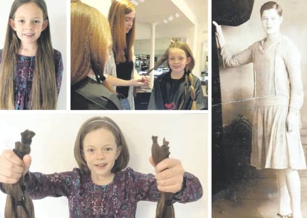 Nell Garland has her hair cut at Alnwick Studio. Right, her great-grandmother, Violet, wearing a flapper dress after shed ad her hair cut to make a wig for the Queen Victoria wax figure in Madame Tussauds museum.