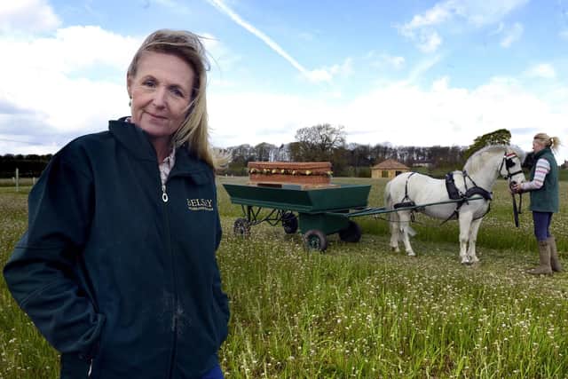 Belsay Woodland Burial Ground owner Laura de Wesselow, left. Also included in the picture is pony Sam pulling the coffin cart. Picture by Jane Coltman.