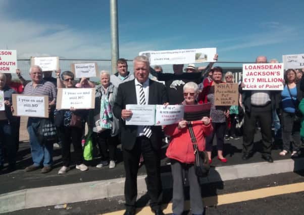 Wansbeck MP Ian Lavery and protest organiser Carol Brown with other protesters at the Portland Park site in Ashington. Picture by Ben O'Connell