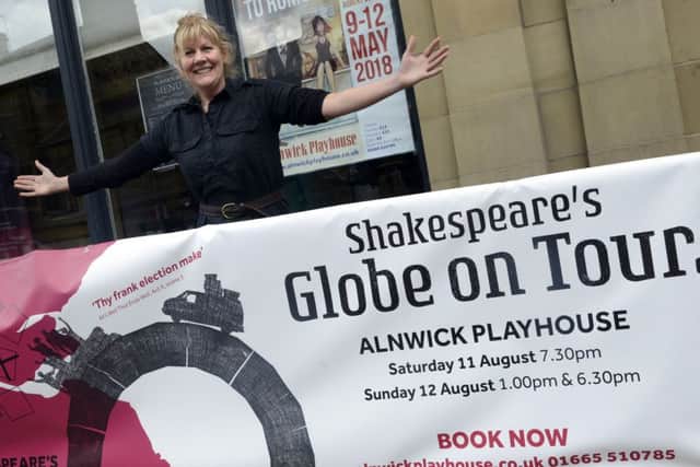 Playhouse manager Jo Potts with a banner for the last event before the theatre closes for re-development - Shakespeare's Globe Theatre will perform either The Merchant of Venice, The Taming of the Shrew or Twelfth Night on August 11 and 12.