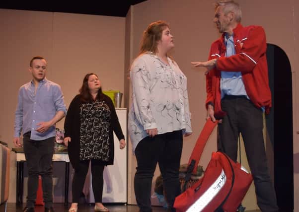 Andrew Fletcher (Carter), Susan Joyce (Maxine/Martine), Emily Deck (Emma) and Peter Biggers (Ashley) in Alnwick Theatre  Club's production of According to Rumour at Alnwick Playhouse.