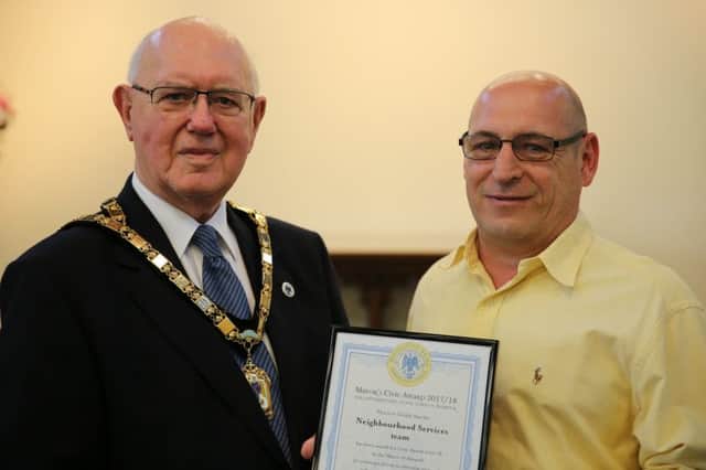 Alnwick Mayor Alan Symmonds with Mark Scott, who received the team award on behalf of Northumberland County Councils Neighbourhood Services Team in Alnwick.
